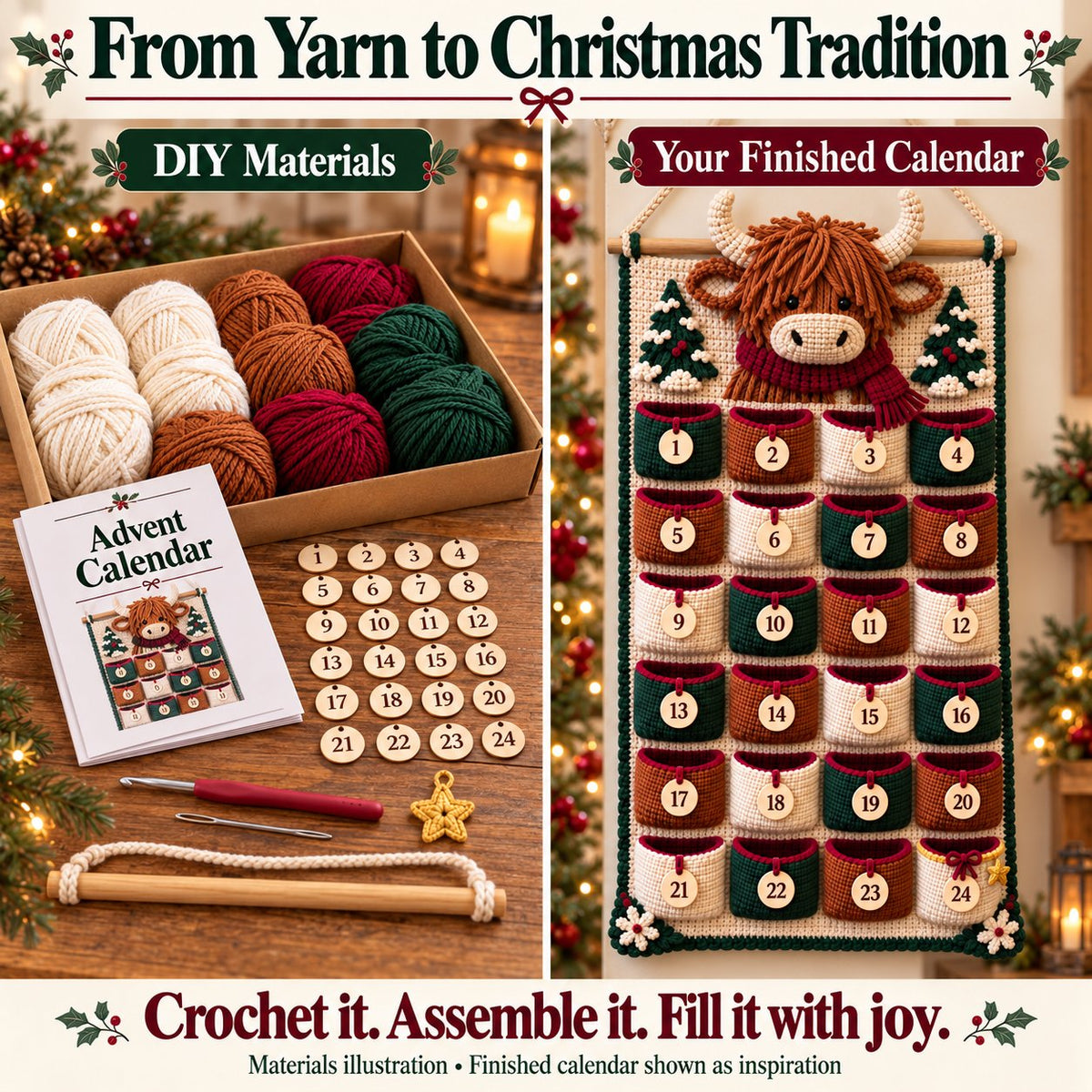 ⏳ Last Day 49% OFF – 🧶 DIY Crochet Advent Calendar Kit | 24 Refillable Pockets, 4 Christmas Characters & Complete Crochet Materials 🎄