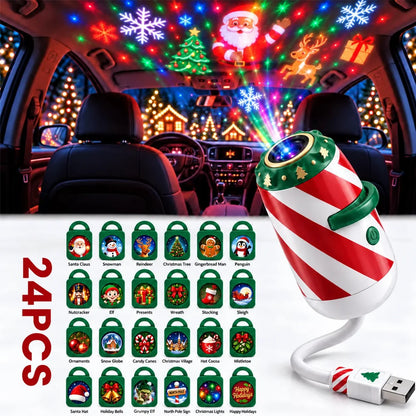 🎄 Merry Ride Christmas Car Projector Light – 24 Festive Slides