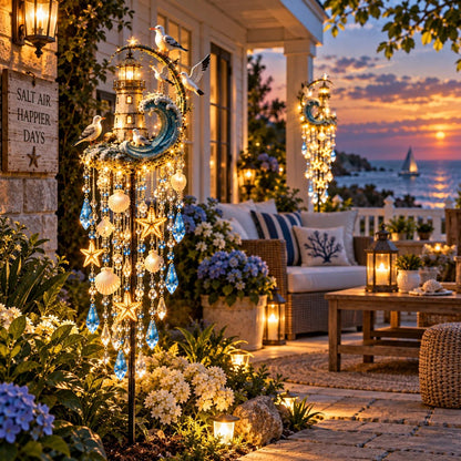 Coastal garden light displayed beside a covered patio and flower border