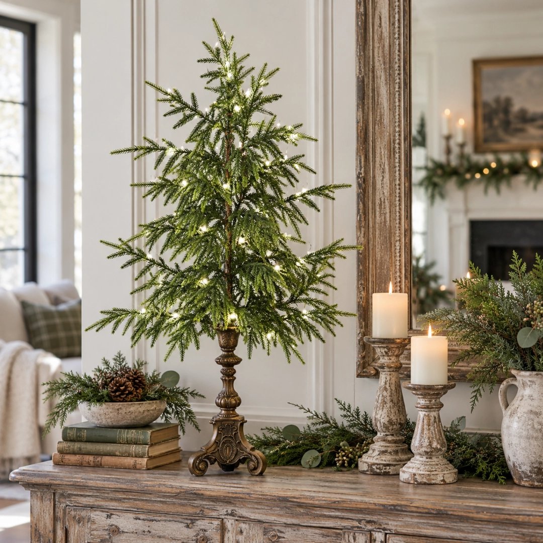 🎄 Vintage Lighted Norfolk Pine Trees | Warm LED Pedestal Decor