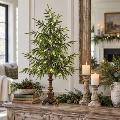 🎄 Vintage Lighted Norfolk Pine Trees | Warm LED Pedestal Decor