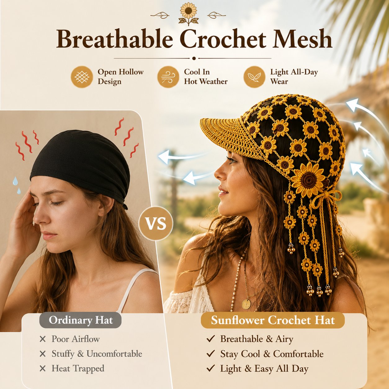Handmade Crochet Sunflower Tassel Bell Hat | Adjustable Boho Festival Headpiece，Lightweight For Vacation & Photoshoots