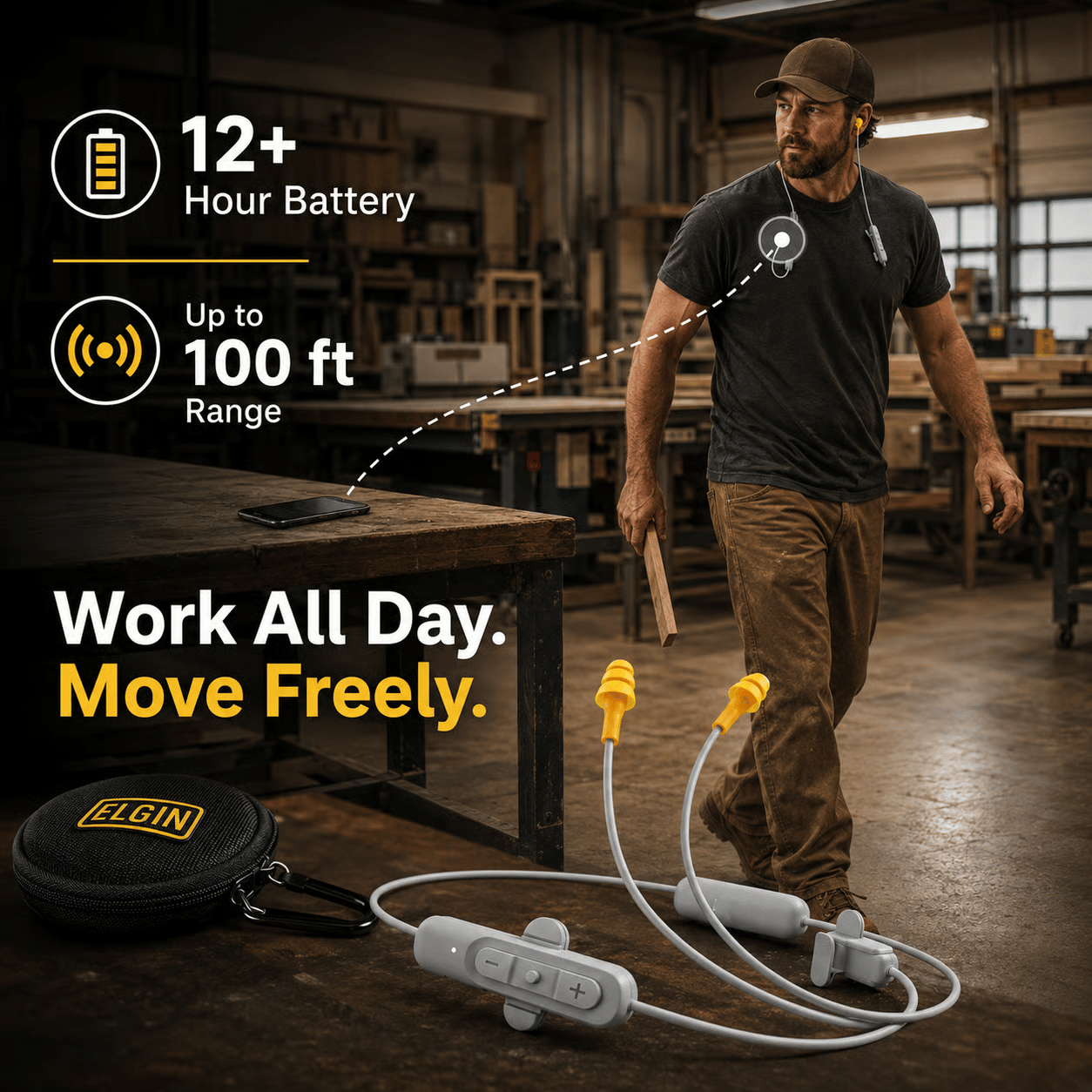 🎧 25dB NRR Wireless Hearing Protection Earbuds – 12+H Battery, Bluetooth & IP65