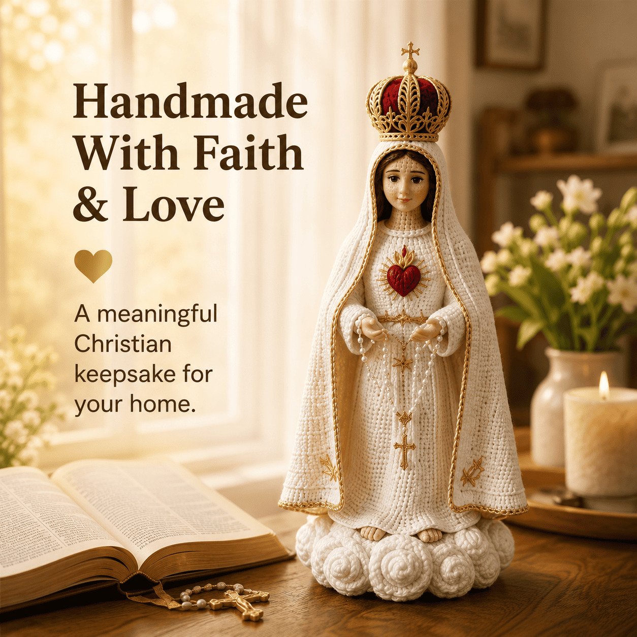 ⏳ Last Day 49% OFF – 🙏 Hand-Crocheted Praying Virgin Mary Hanging Ornament | 35 × 20 cm Handmade Yarn & Fabric Design with Crown, Beads, Crosses & Heart Details 🤍✨