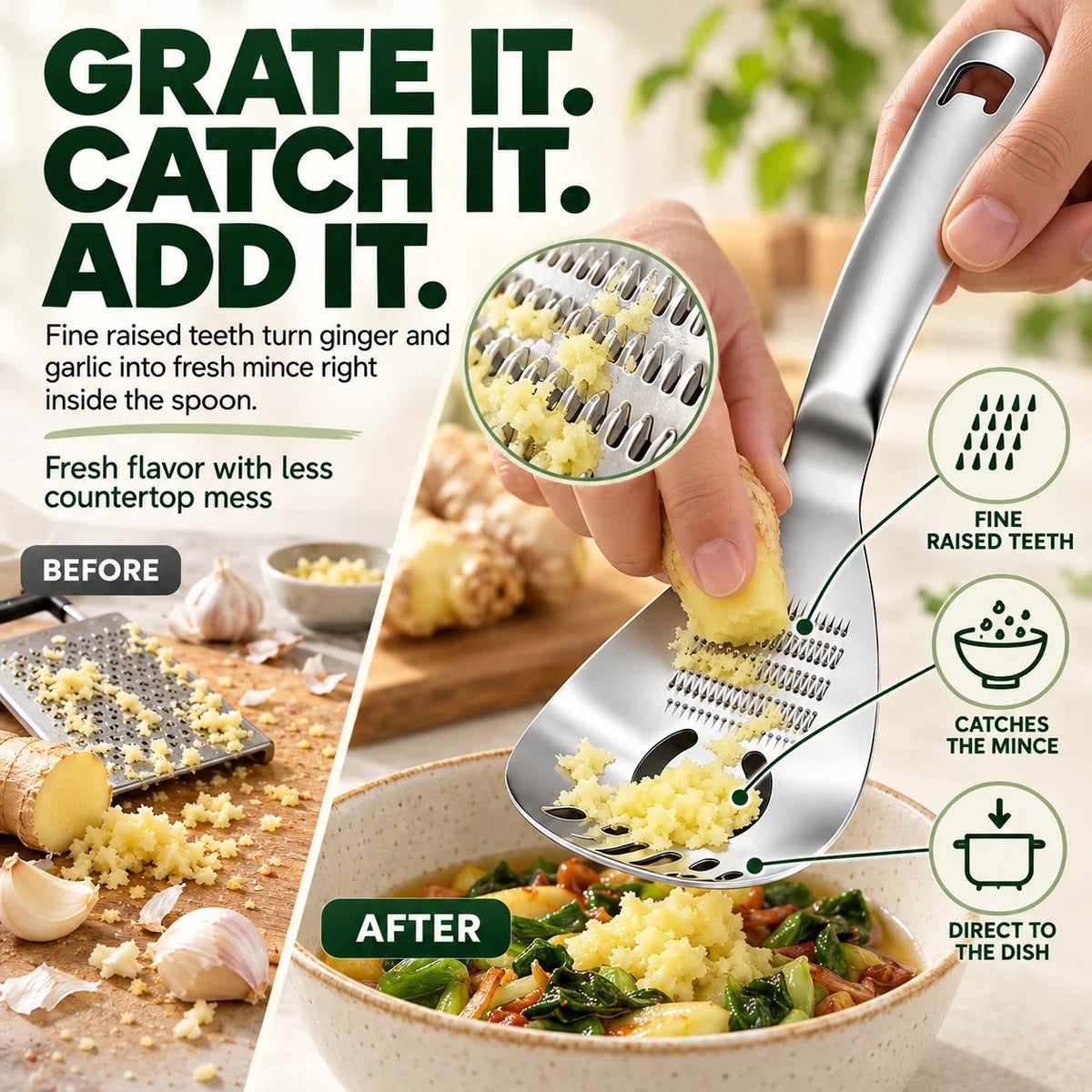 🥄 6-in-1 304 Stainless Steel Multi-Function Grater Spoon – Grate, Mash, Drain & Serve