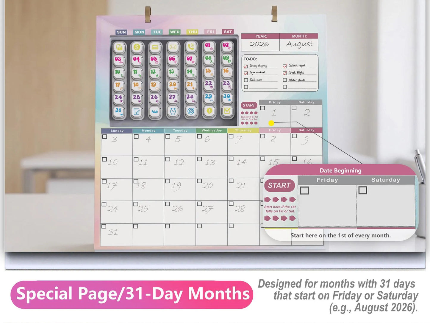 📅 Reusable Desk Calendar with 42 Self-Inking Event Stamps & 23 Replaceable Pages
