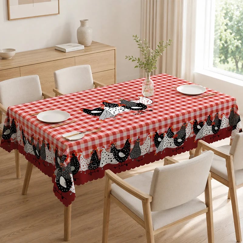 🔥HOT SALE🔥🐓 Farmhouse Rooster Tablecloth – Red Buffalo Plaid Chicken Table Cover, Spill Proof & Scalloped Lace Edge ✨