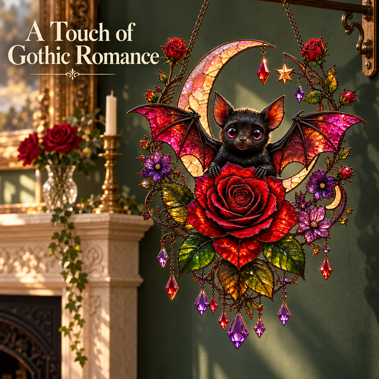 Gothic bat moon rose hanging decor in a romantic antique interior