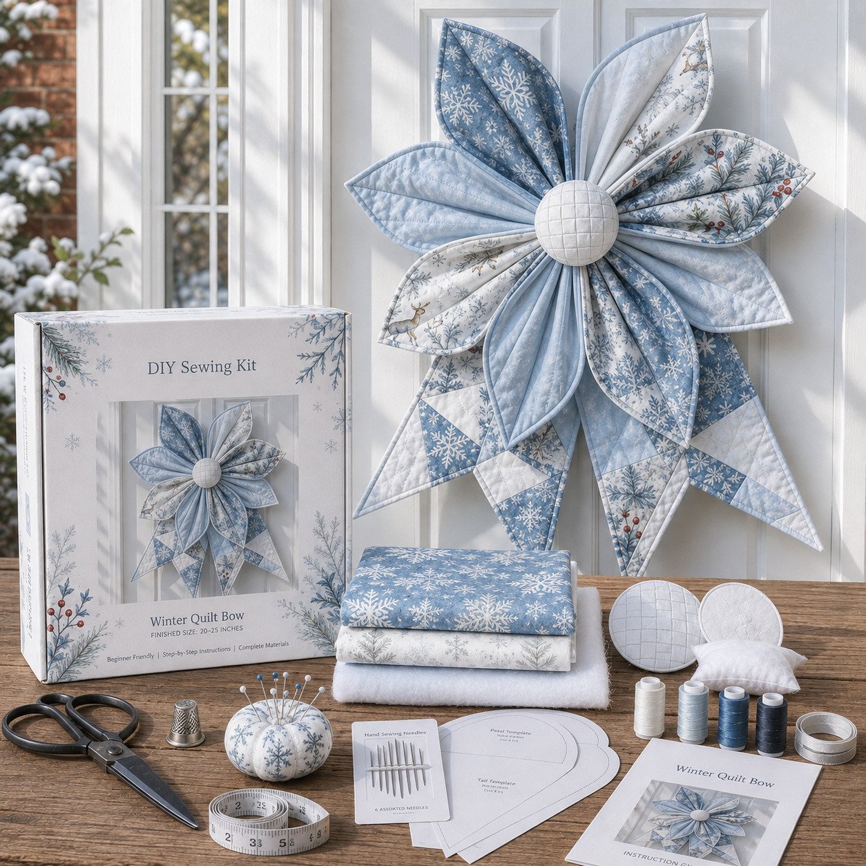 🎀 Oversized Quilted Bow Sewing Kit | Coordinated Printed Fabrics, Soft Batting, Pre-Designed Templates & Complete Supplies for a Full 23–25 in Statement Bow 🍁✨