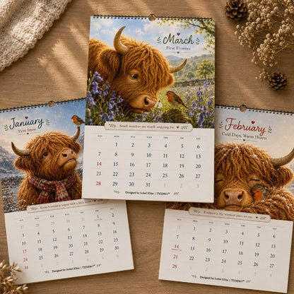 2027 Highland Cow & Robin Wall Calendar | Cozy British Countryside Calendar with Gentle Monthly Stories | A4 Gift for Animal Lovers