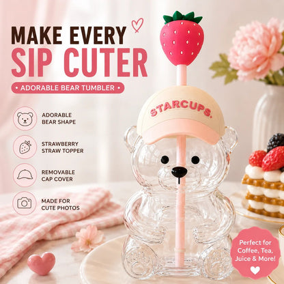 🔥 TODAY 55% OFF🐻Cute Teddy Bear Glass Tumbler with Bear Lid & Strawberry Straw – 20oz Reusable Cup