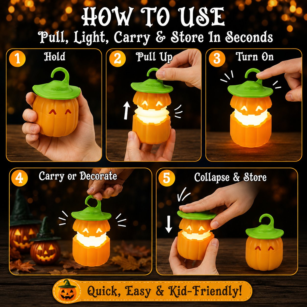 ⏳ Last Day 49% OFF – 🎃 Halloween Pull-Up Light-Up Lantern Collection | Collapsible Character Design with Glowing Center, Carry Loop & Compact Telescoping Body 👻✨