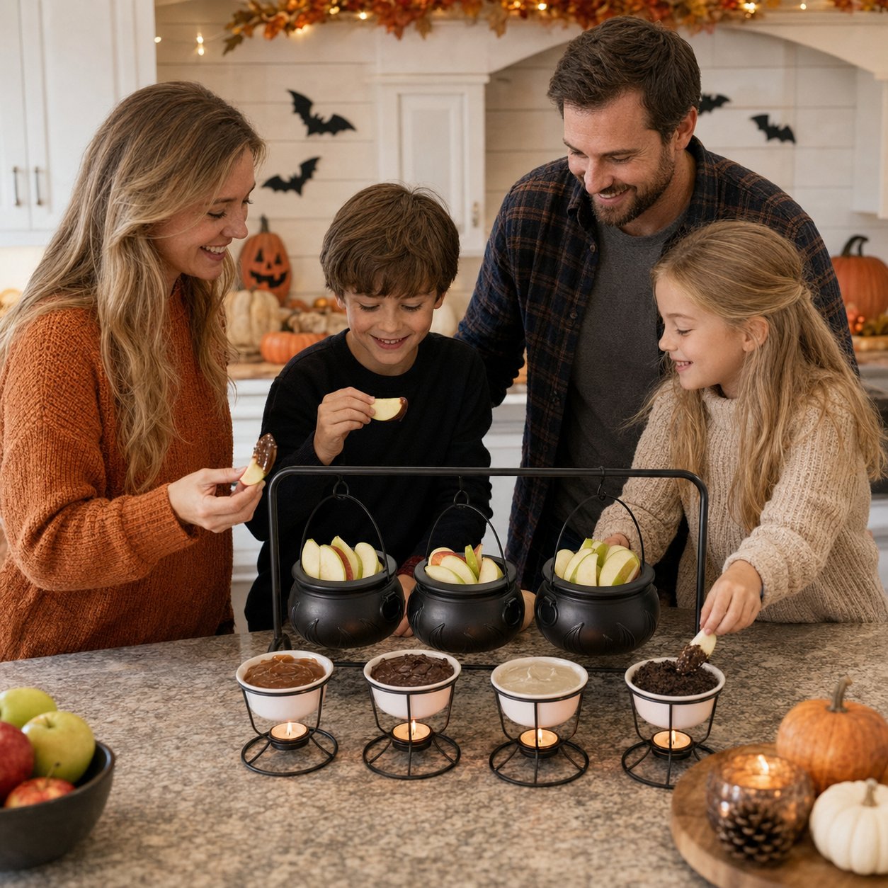 Halloween Caramel Apple Dip Station - Hanging Witch Cauldron & Ceramic Candlelit Fondue Warmer Set
