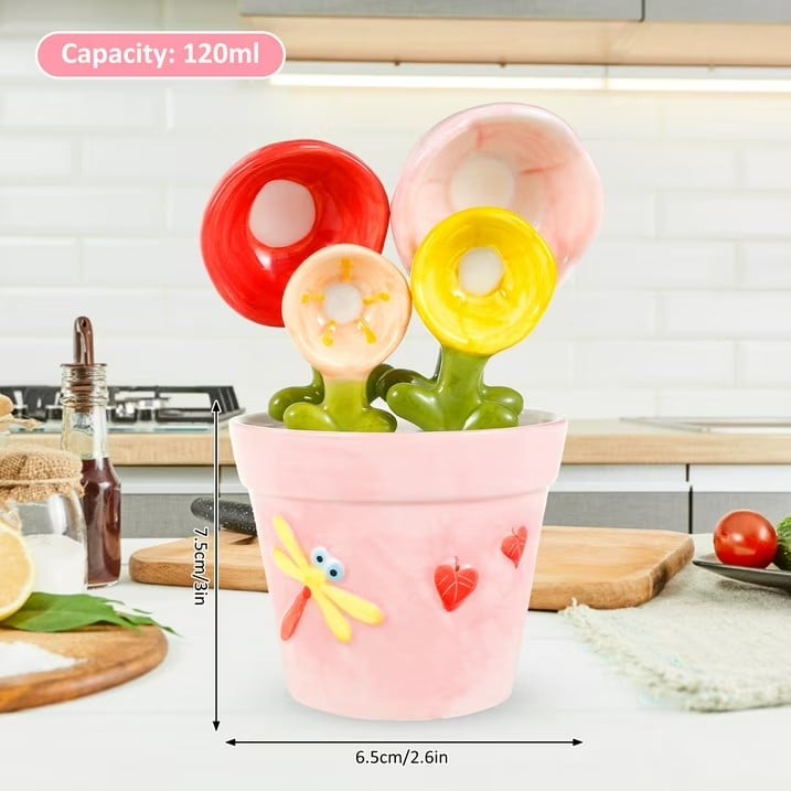 Ceramic Flower Measuring Spoons Set with Pink Pot Holder 🌸