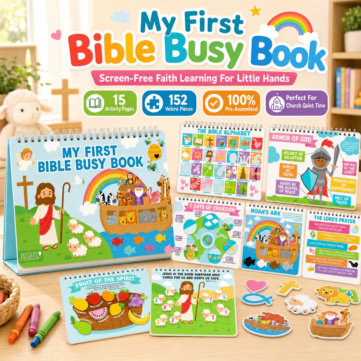 ✝️ Bible Busy Book for Toddlers | Montessori Christian Quiet Book with 152 Velcro Pieces & 15 Faith Activities