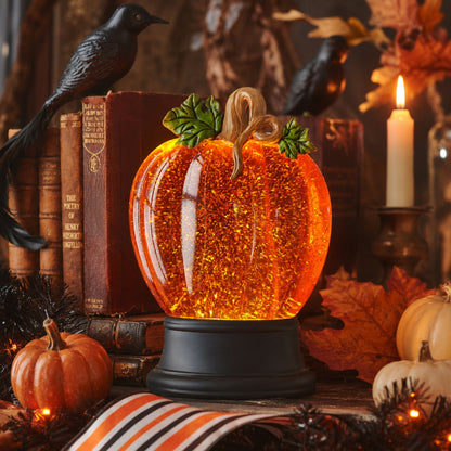 Orange Fall Pumpkin Lighted Glitter Swirl Water Globe