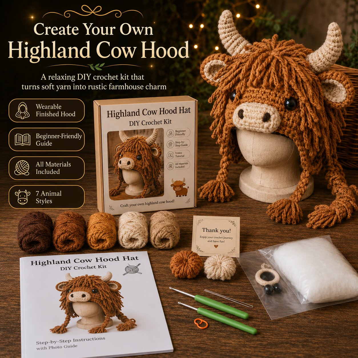 🔥 LAST DAY 49% OFF – 🐾✨ Animal Hood Hat DIY Crochet Kit | Premium Soft Yarn Materials with Step-by-Step Guide DIY Handmade Wearable Animal Character Hood 🧶🎭✨