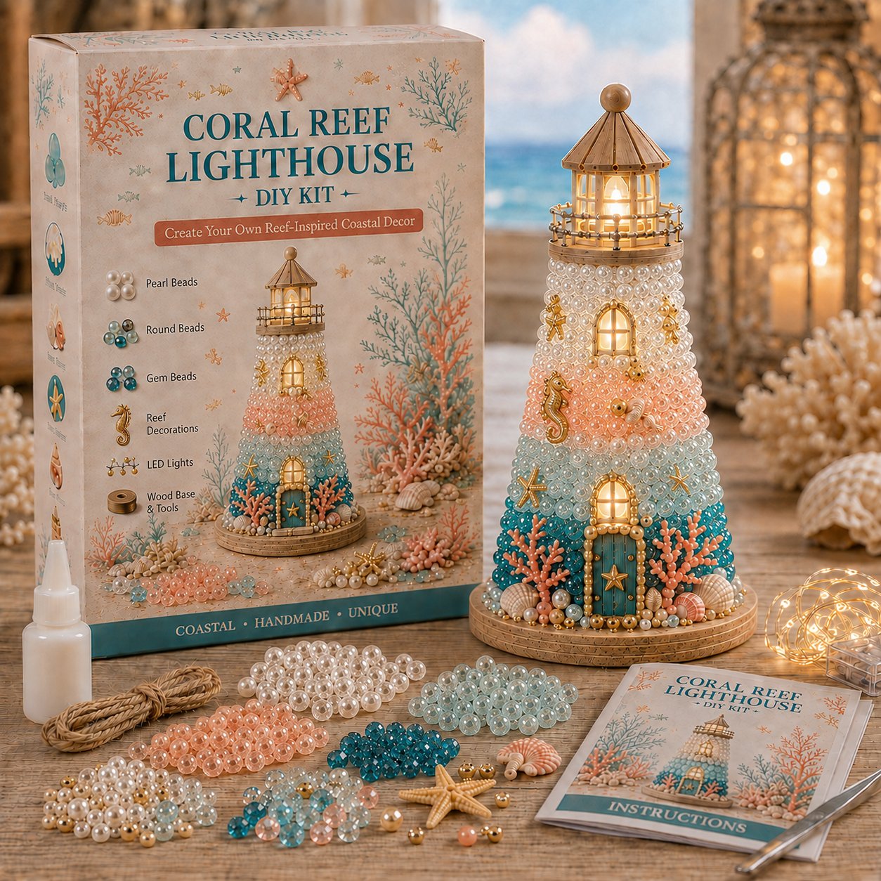 ⏳ Last Day 49% OFF – 🌊 Beginner-Friendly DIY Lighted Sea Glass-Style Lighthouse Kit Collection | Complete Kit with Sea Glass-Style Pieces, LED Lights & Step-by-Step Guide Included 💕