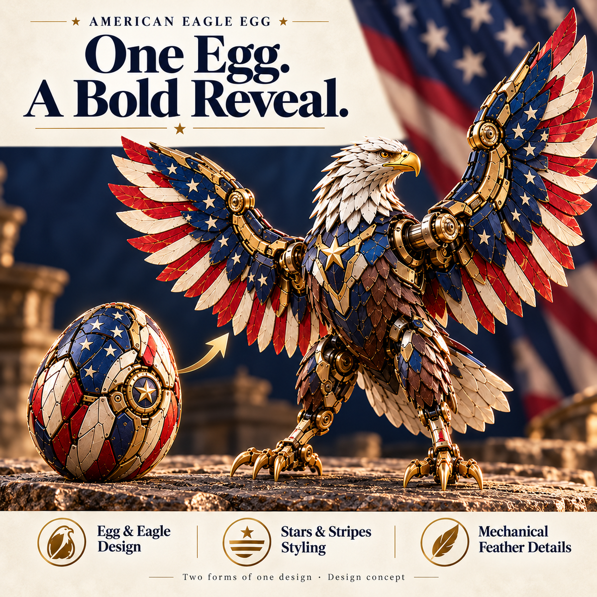 🦅 American Eagle Transforming Egg – Stars & Stripes Mechanical Figure with Bold Wing Details
