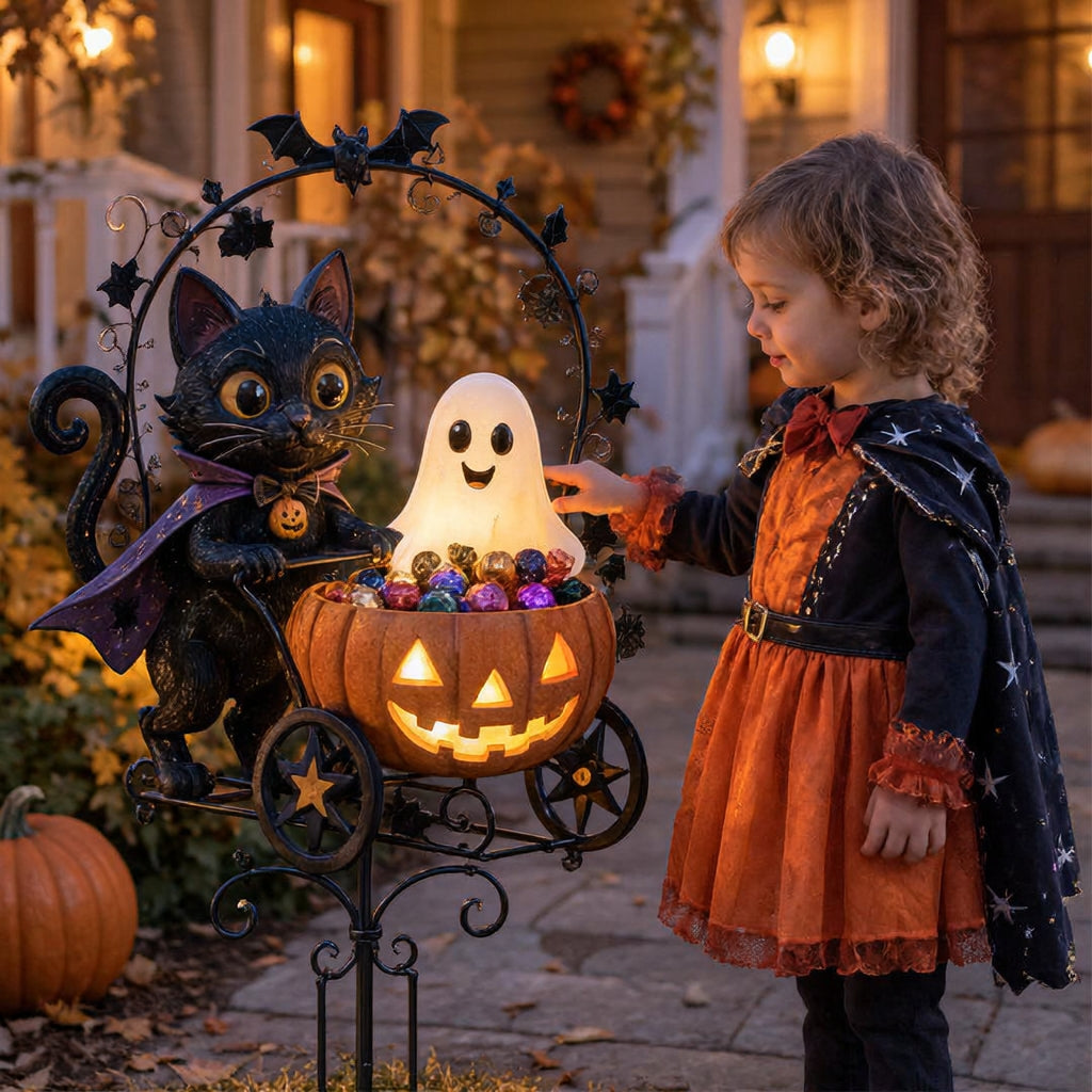 ✨🐈🎃 Halloween Black Cat Candy Wagon Garden Light 👻✨