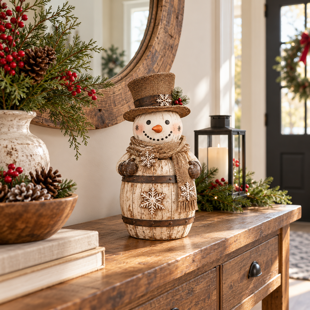 Vintage Whitewashed Barrel Snowman Figurine