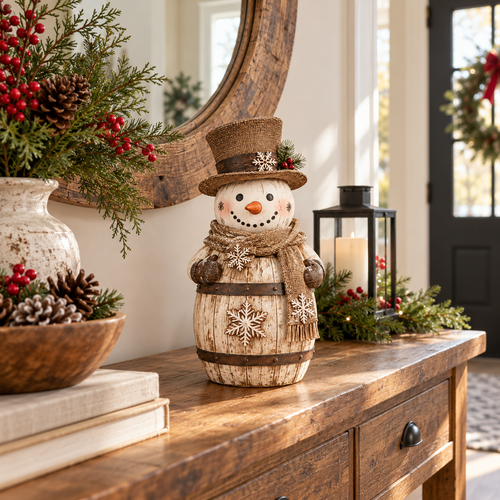Vintage Whitewashed Barrel Snowman Figurine