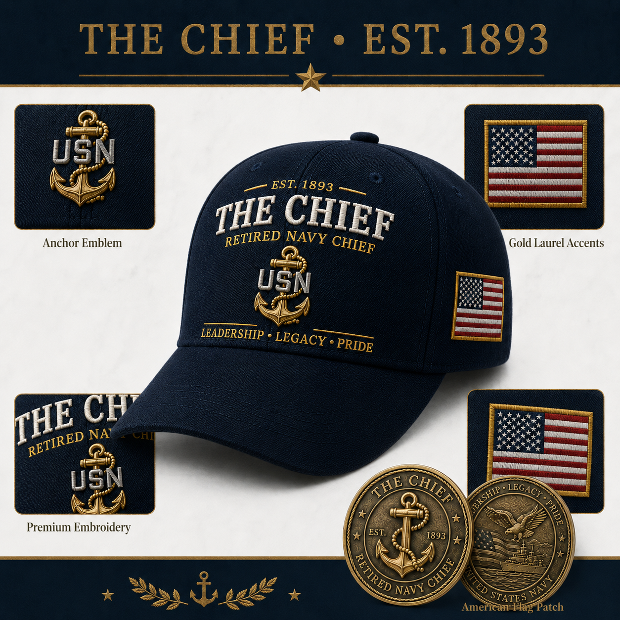 🇺🇸 The Chief – Retired U.S. Navy Chief Commemorative Cap & Honor Coin – Leadership • Legacy • Pride ⚓ – 🔥Buy 2 Get Free Shipping🚛