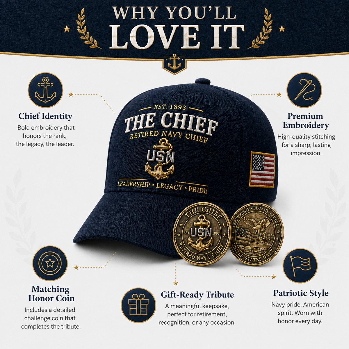 🇺🇸 The Chief – Retired U.S. Navy Chief Commemorative Cap & Honor Coin – Leadership • Legacy • Pride ⚓ – 🔥Buy 2 Get Free Shipping🚛