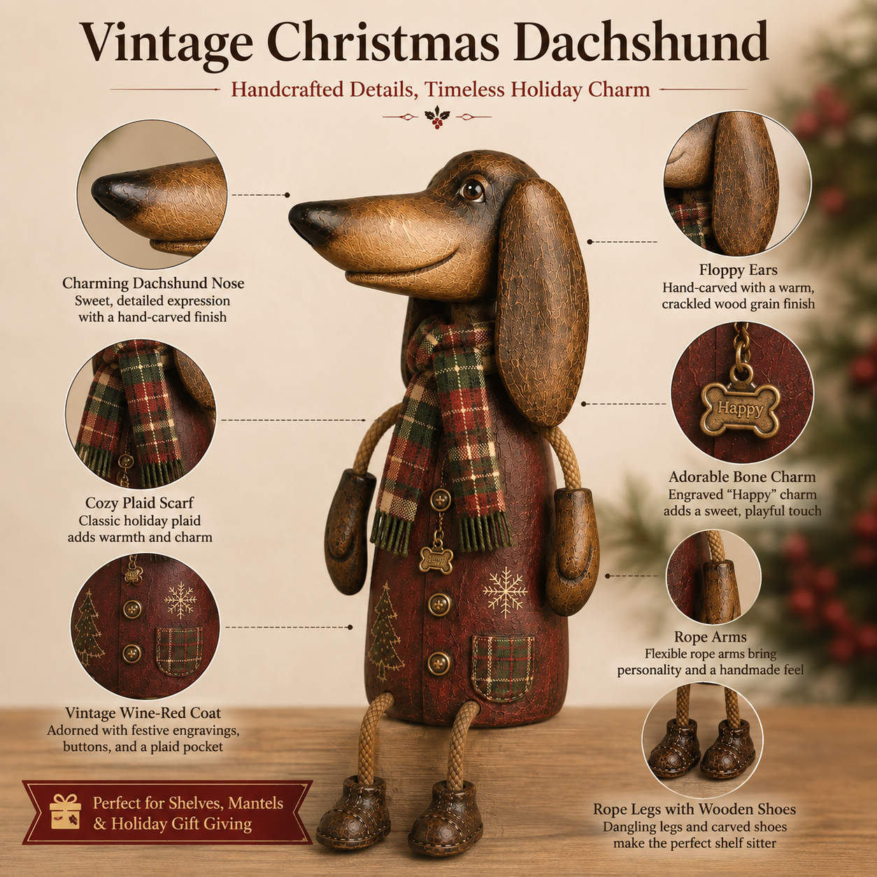 🏡Vintage Christmas Dachshund Shelf Sitter