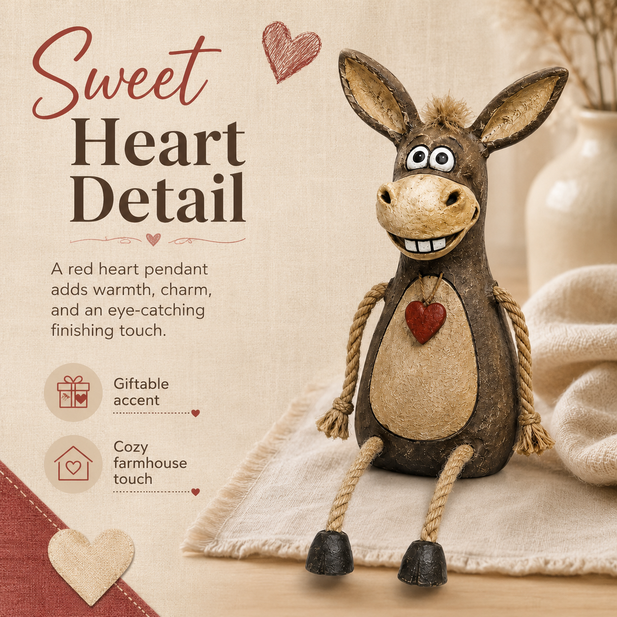 Rustic Donkey Shelf Sitter Figurine with Dangling Rope Legs