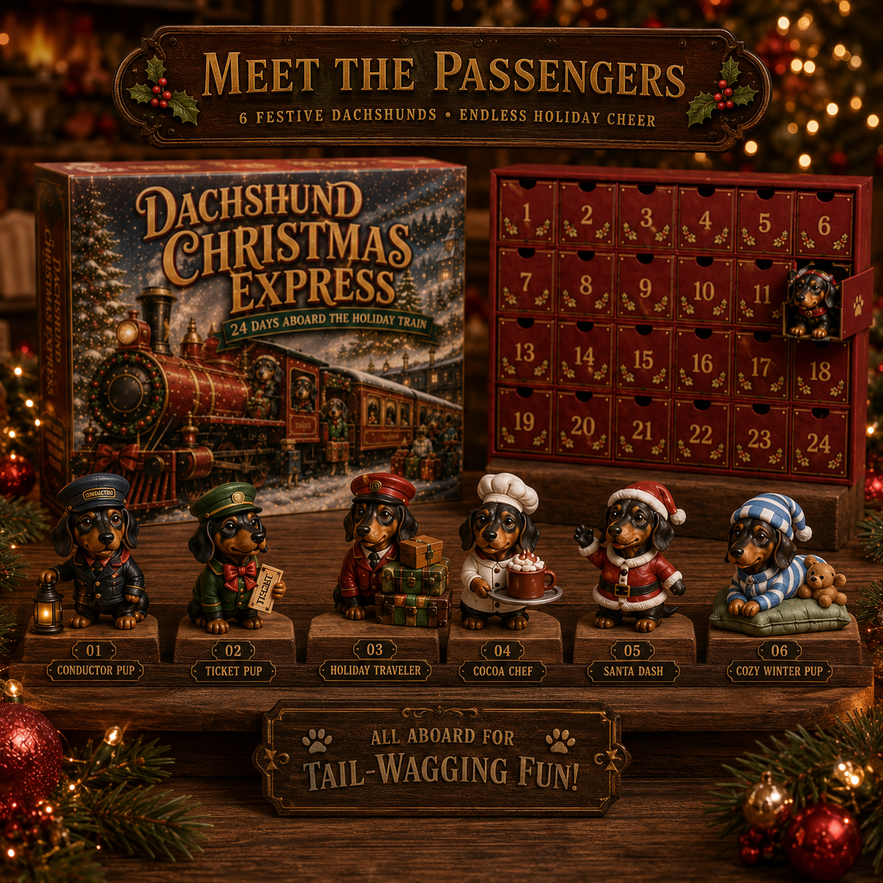 🚂🐶🎄Dachshund Christmas Express Advent Calendar – 24 Collectible Holiday Pups
