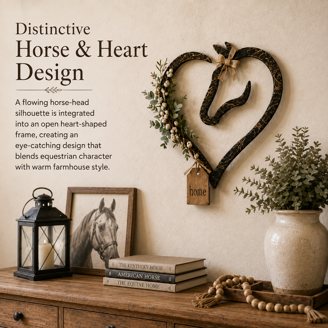 Rustic Horse Heart Wall Decor with Greenery – Farmhouse Equestrian Home Accent