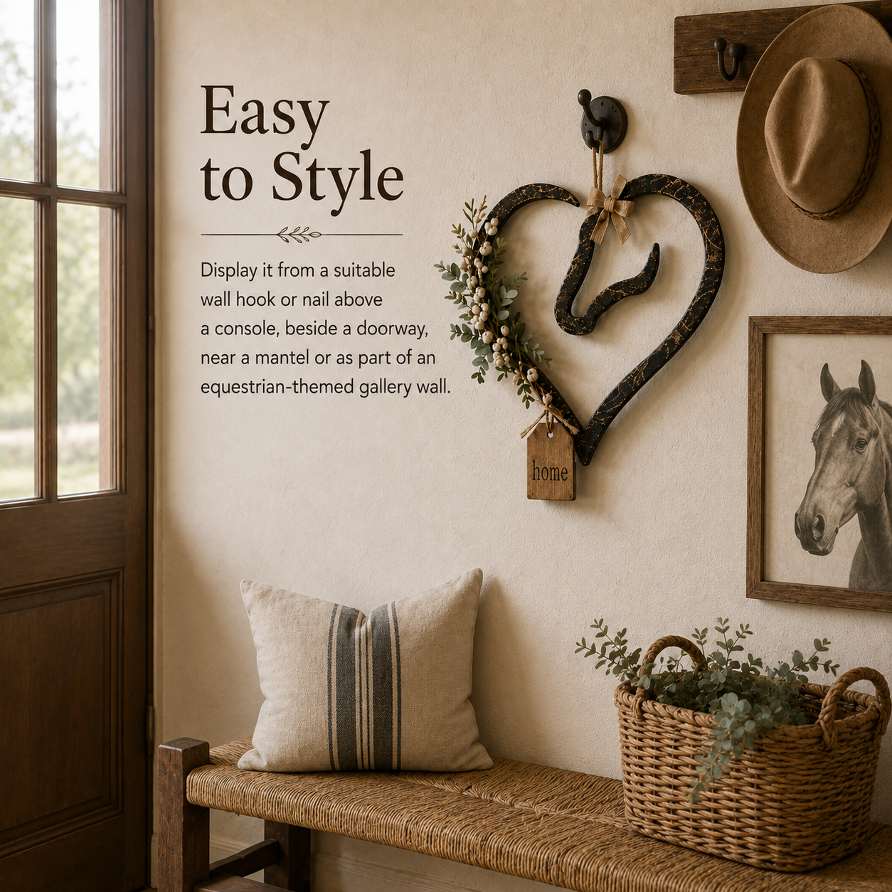 Rustic Horse Heart Wall Decor with Greenery – Farmhouse Equestrian Home Accent