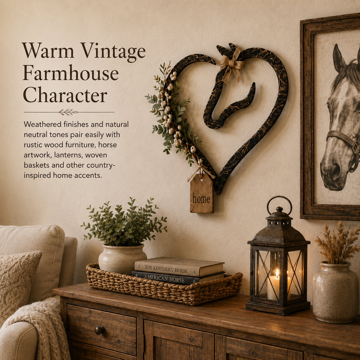 Rustic Horse Heart Wall Decor with Greenery – Farmhouse Equestrian Home Accent