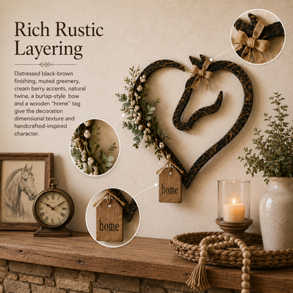 Rustic Horse Heart Wall Decor with Greenery – Farmhouse Equestrian Home Accent