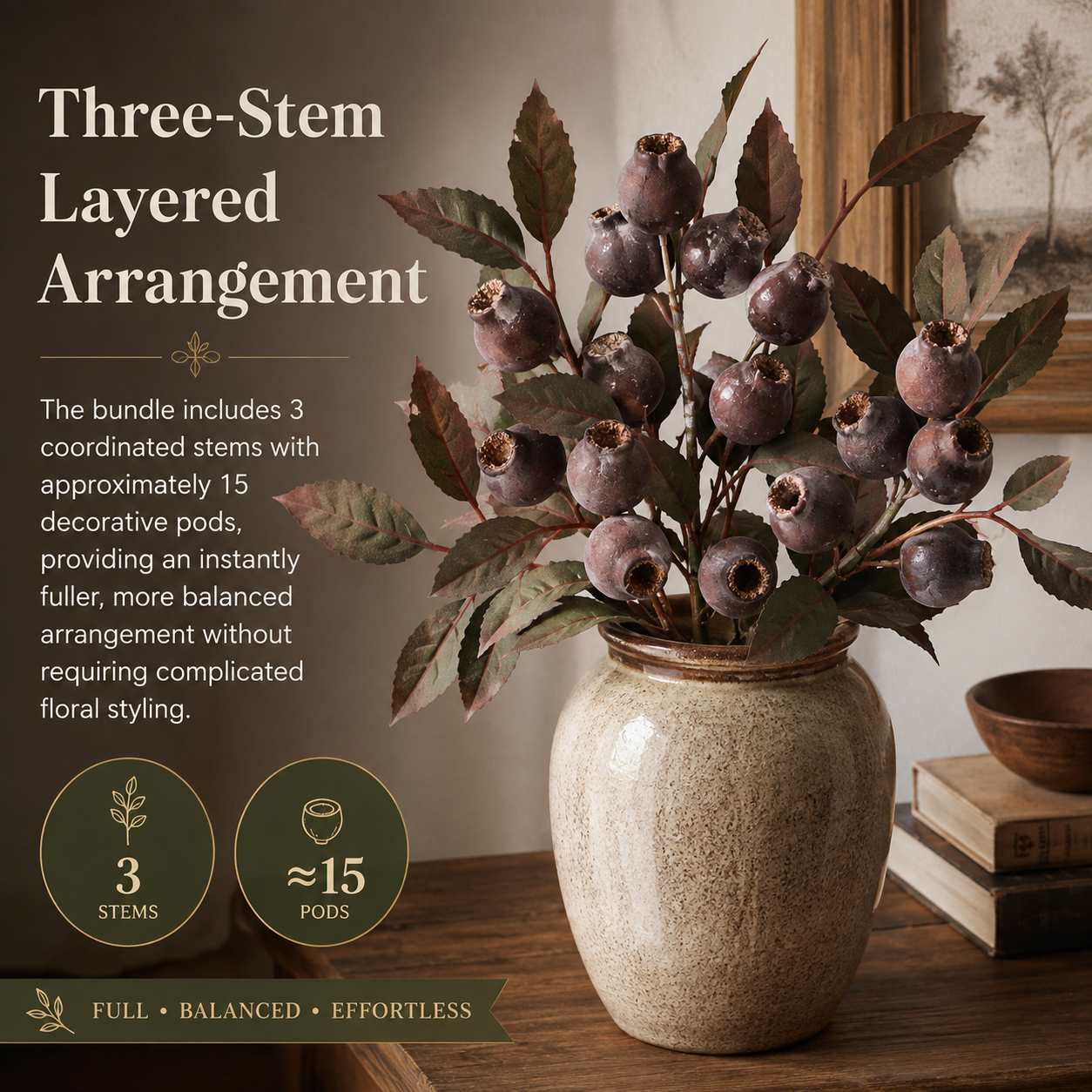 3 Pack Vintage Faux Seed Pod Bouquet – Rustic Seasonal Farmhouse Floral Stems