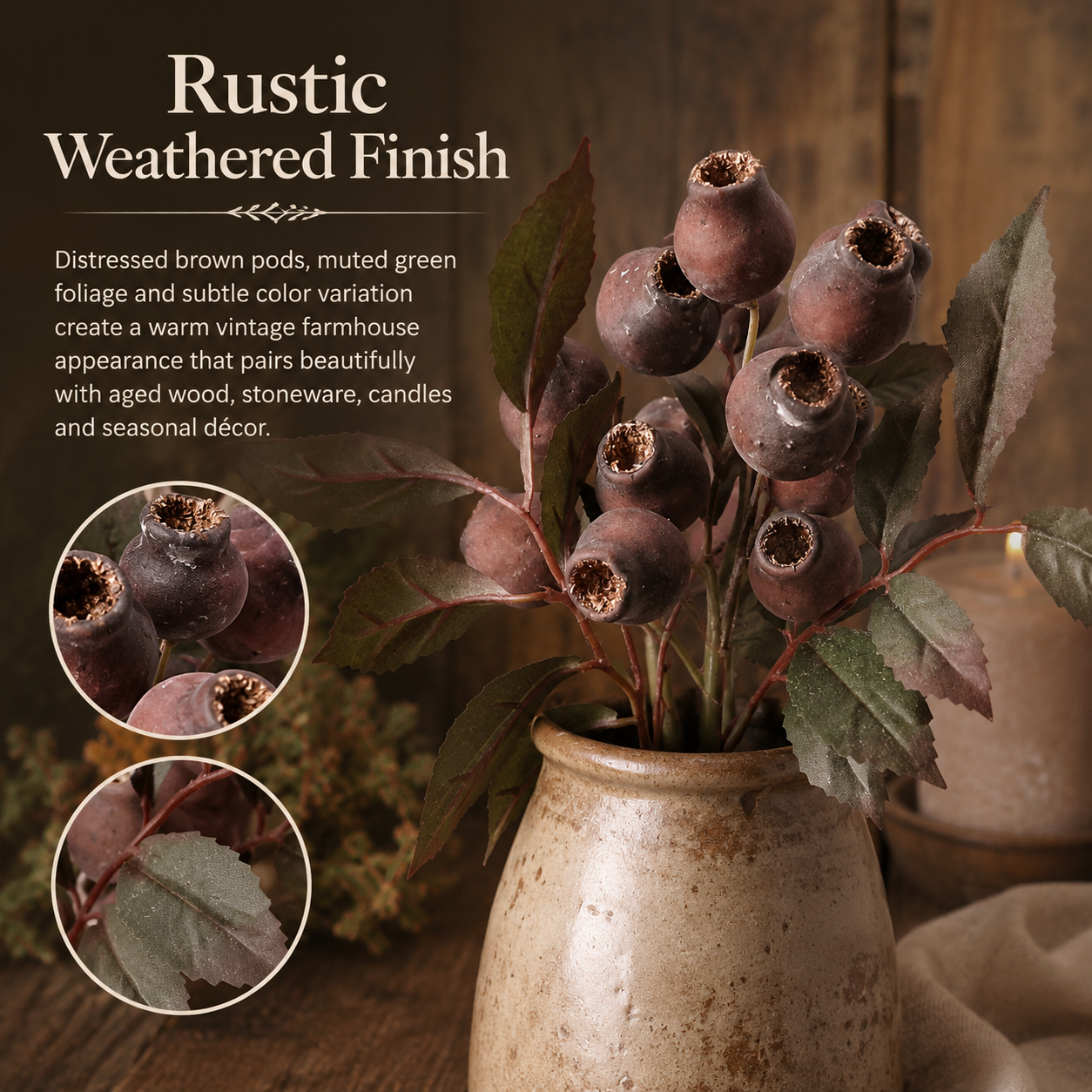 3 Pack Vintage Faux Seed Pod Bouquet – Rustic Seasonal Farmhouse Floral Stems