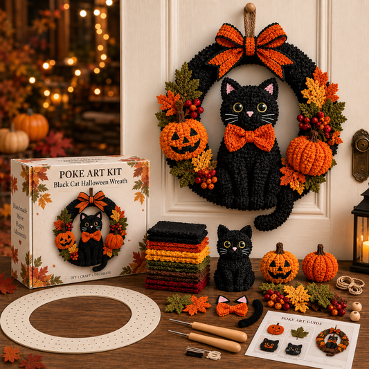 🐈‍⬛🎃 Black Cat Halloween Wreath Poke Art DIY Kit | No-Sew Punch & Poke Craft, Dimensional Fall Door Décor & Handmade Halloween Keepsake