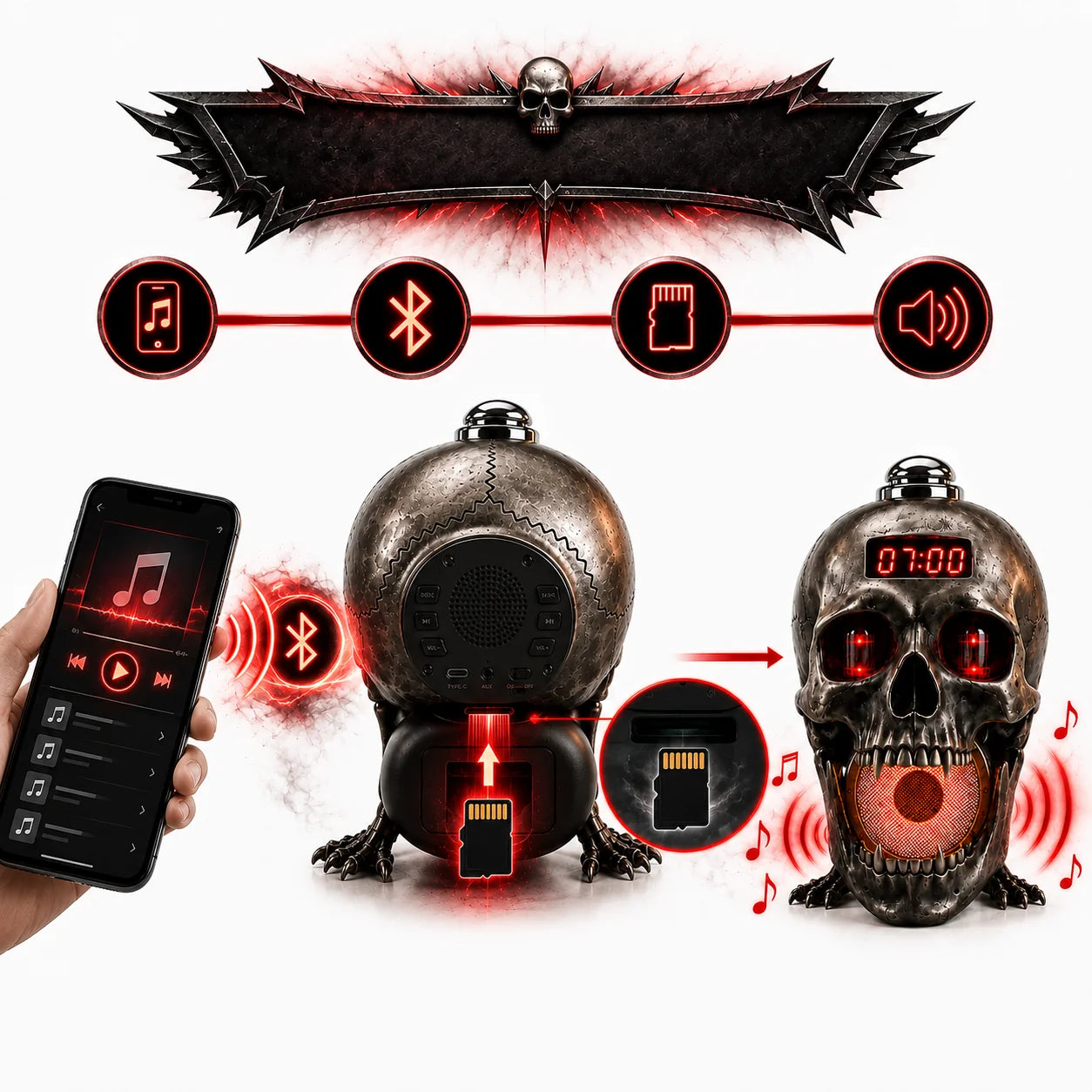 🔥 Skull Bluetooth Speaker & Digital Alarm Clock
