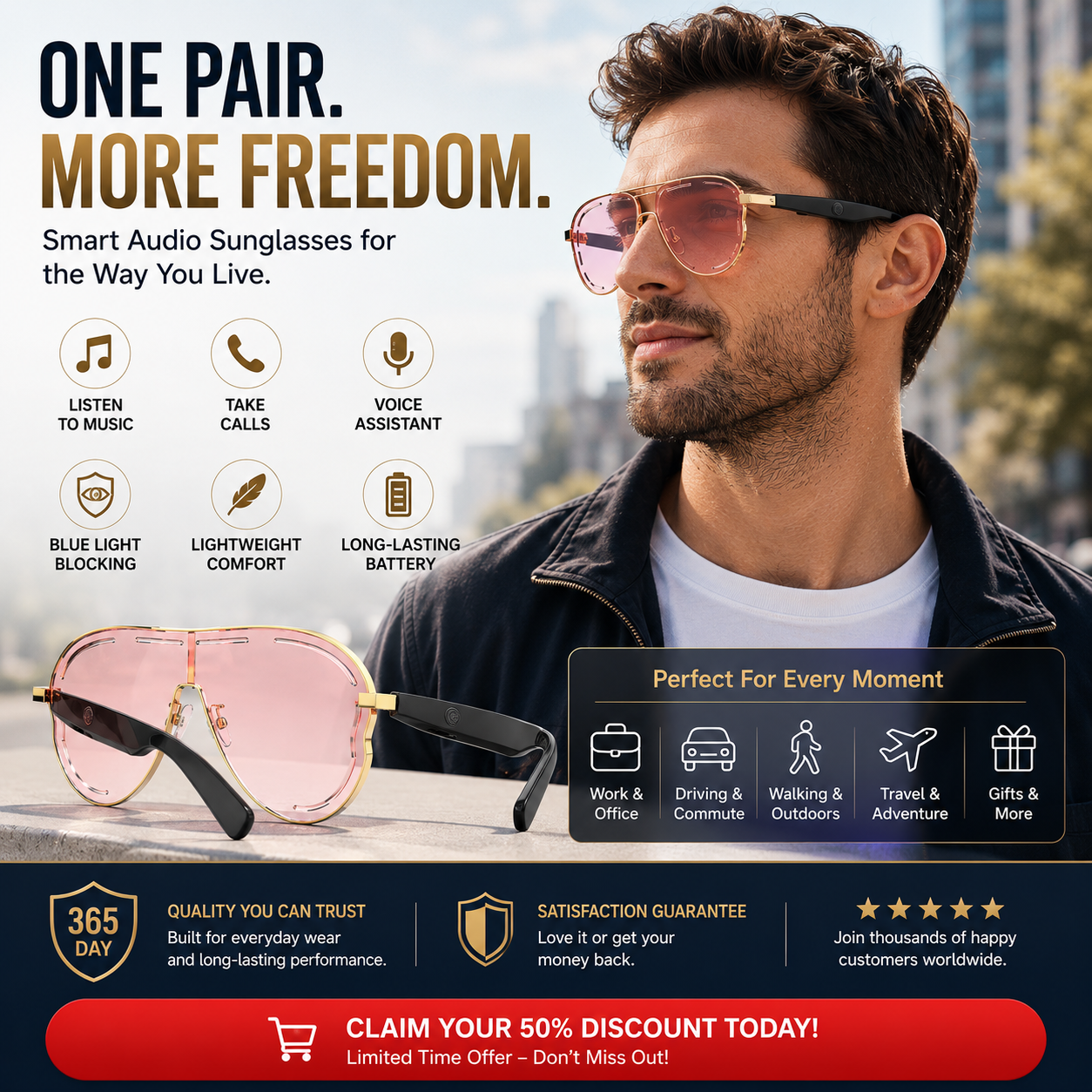Smart Bluetooth Audio Sunglasses-Open-Ear Audio • Wireless Calls • Everyday Eye Comfort