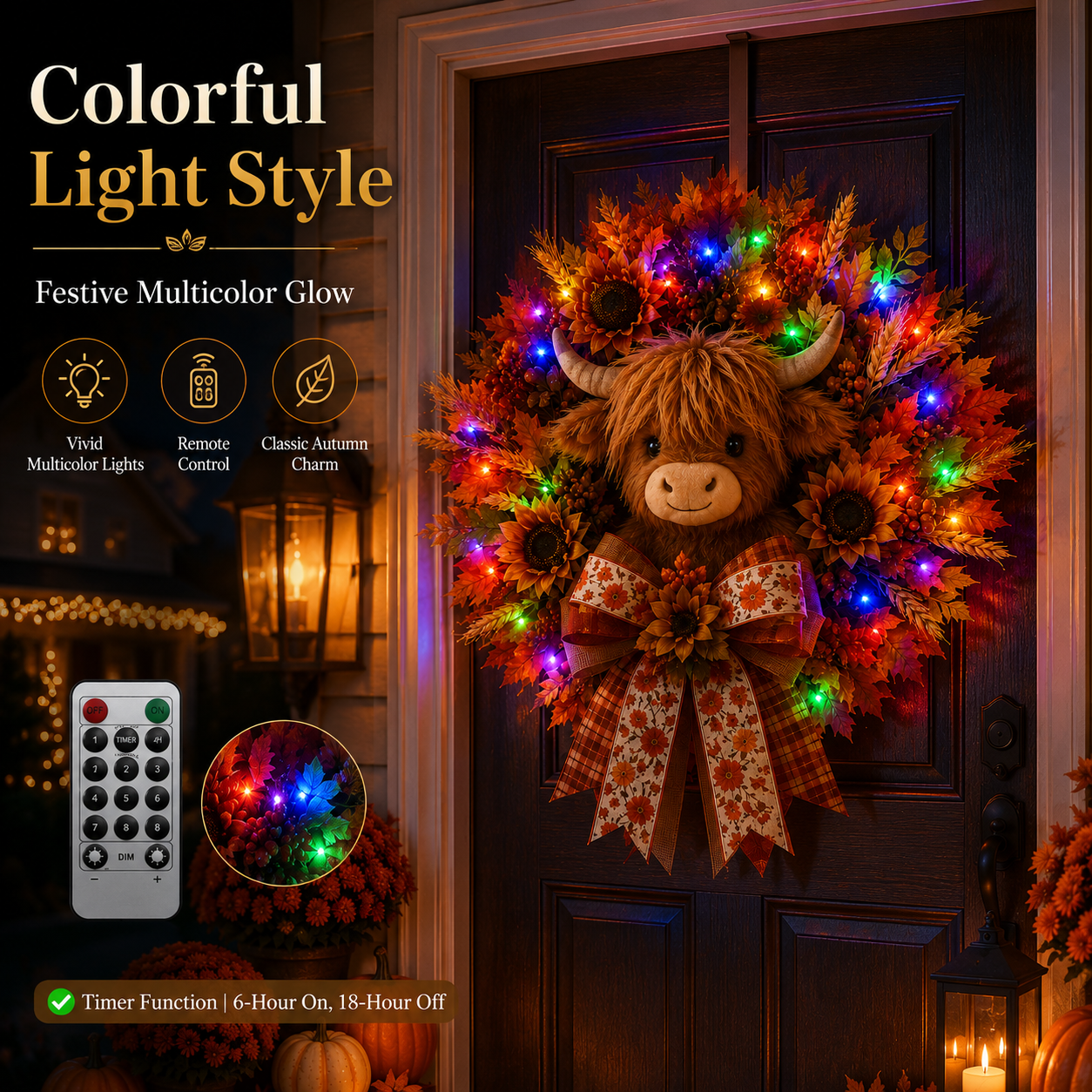 🍂🐮Autumn Highland cow wreath decoration with lights