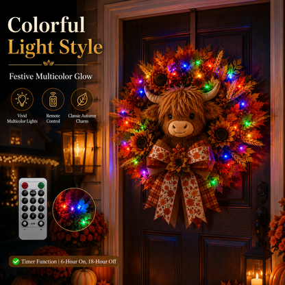 🍂🐮Autumn Highland cow wreath decoration with lights