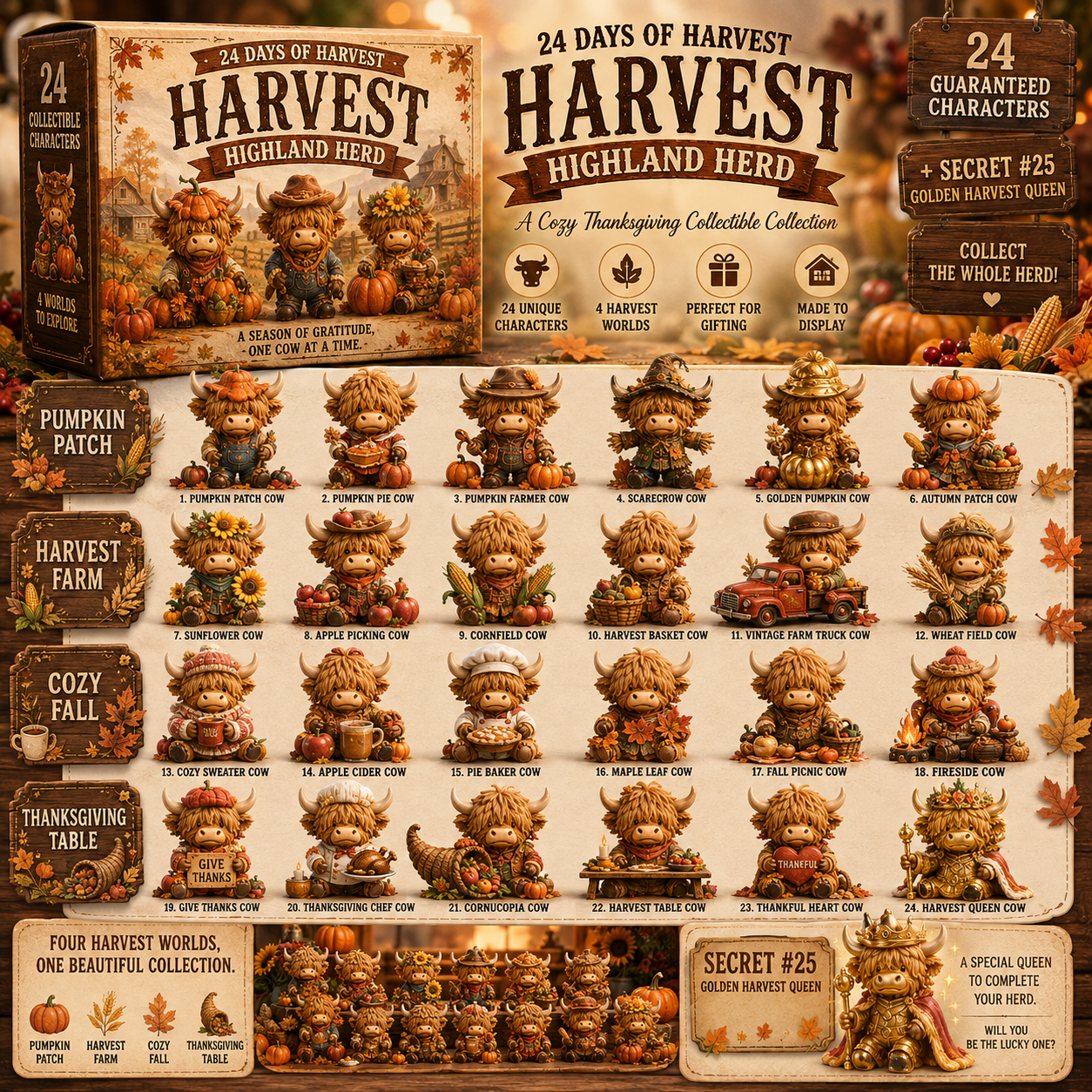 🍂 24-Day Highland Cow Harvest Countdown Calendar – 24 Collectible Fall Figurines + Secret #25 🐮🎃