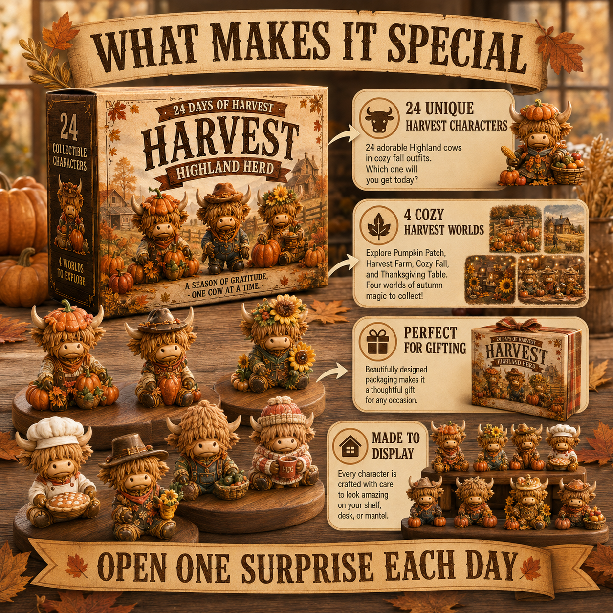 🍂 24-Day Highland Cow Harvest Countdown Calendar – 24 Collectible Fall Figurines + Secret #25 🐮🎃