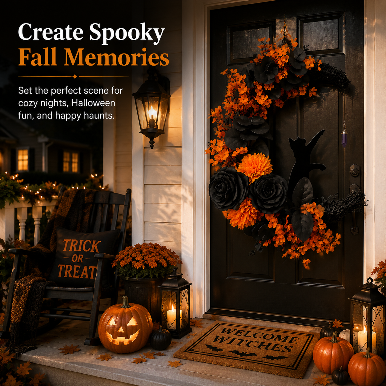 🐈‍⬛ Gothic Cat Halloween Wreath | Floral Door Decor