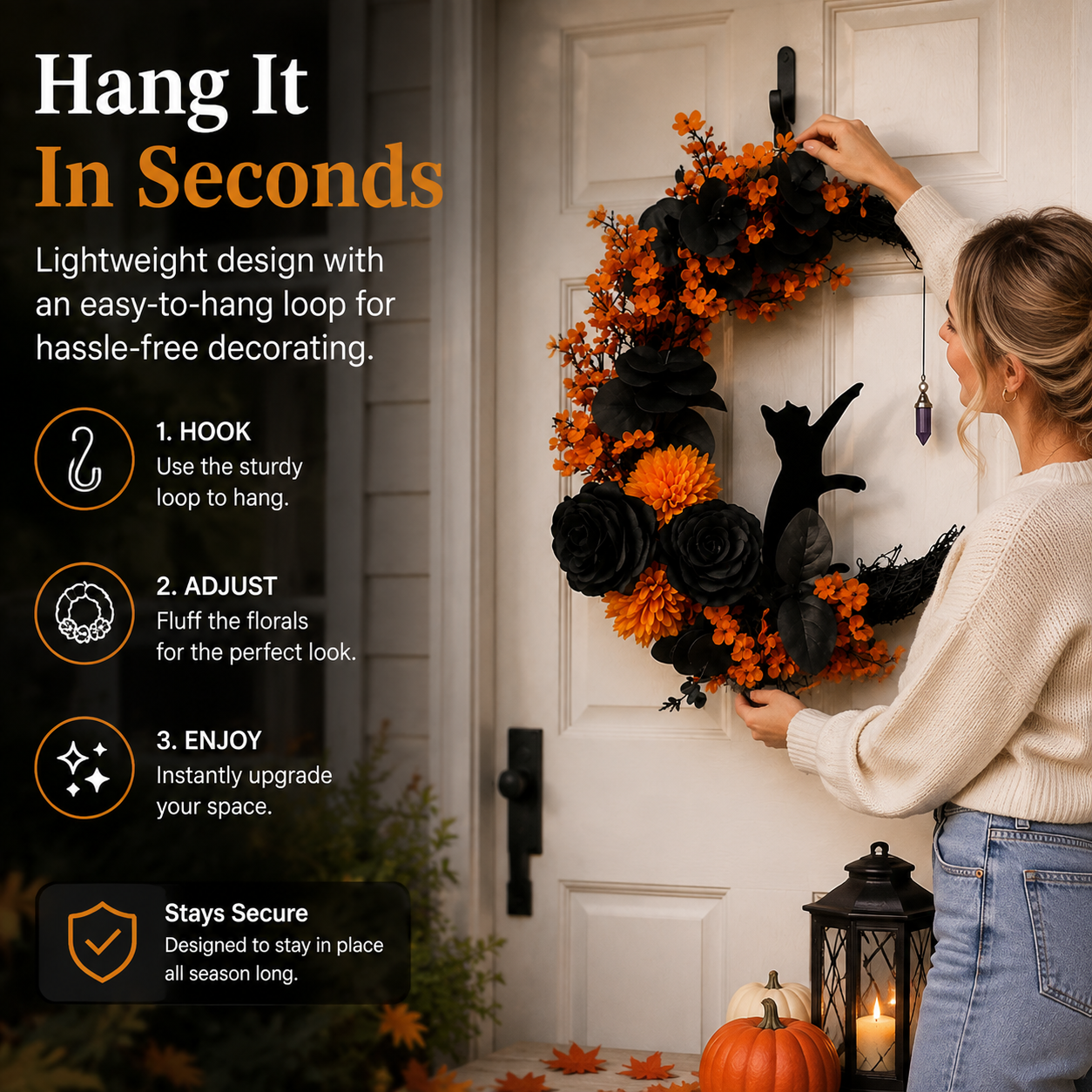 🐈‍⬛ Gothic Cat Halloween Wreath | Floral Door Decor
