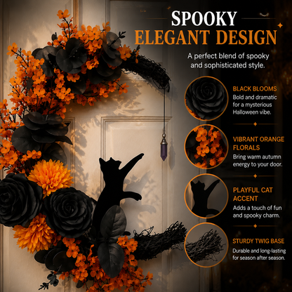 🐈‍⬛ Gothic Cat Halloween Wreath | Floral Door Decor