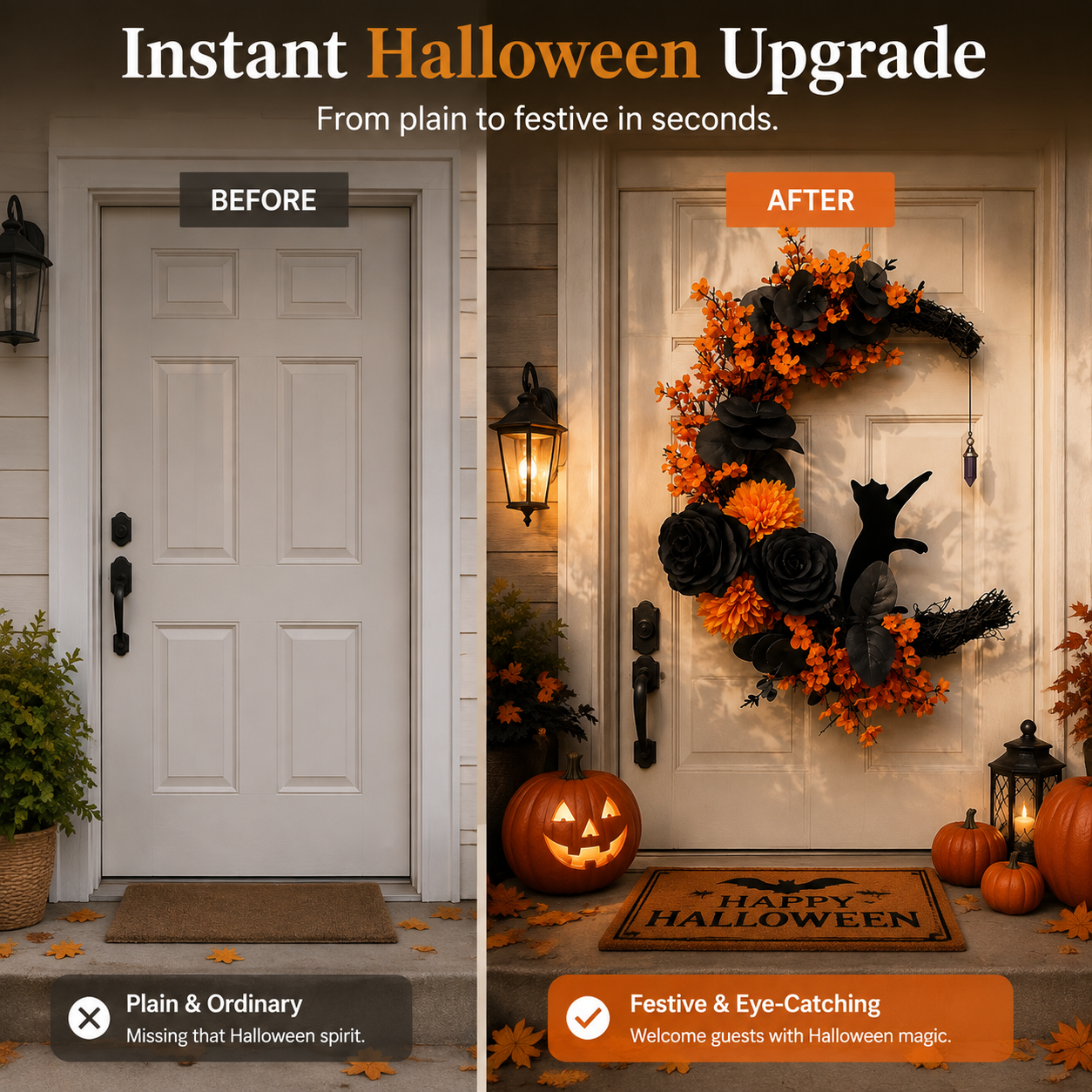 🐈‍⬛ Gothic Cat Halloween Wreath | Floral Door Decor
