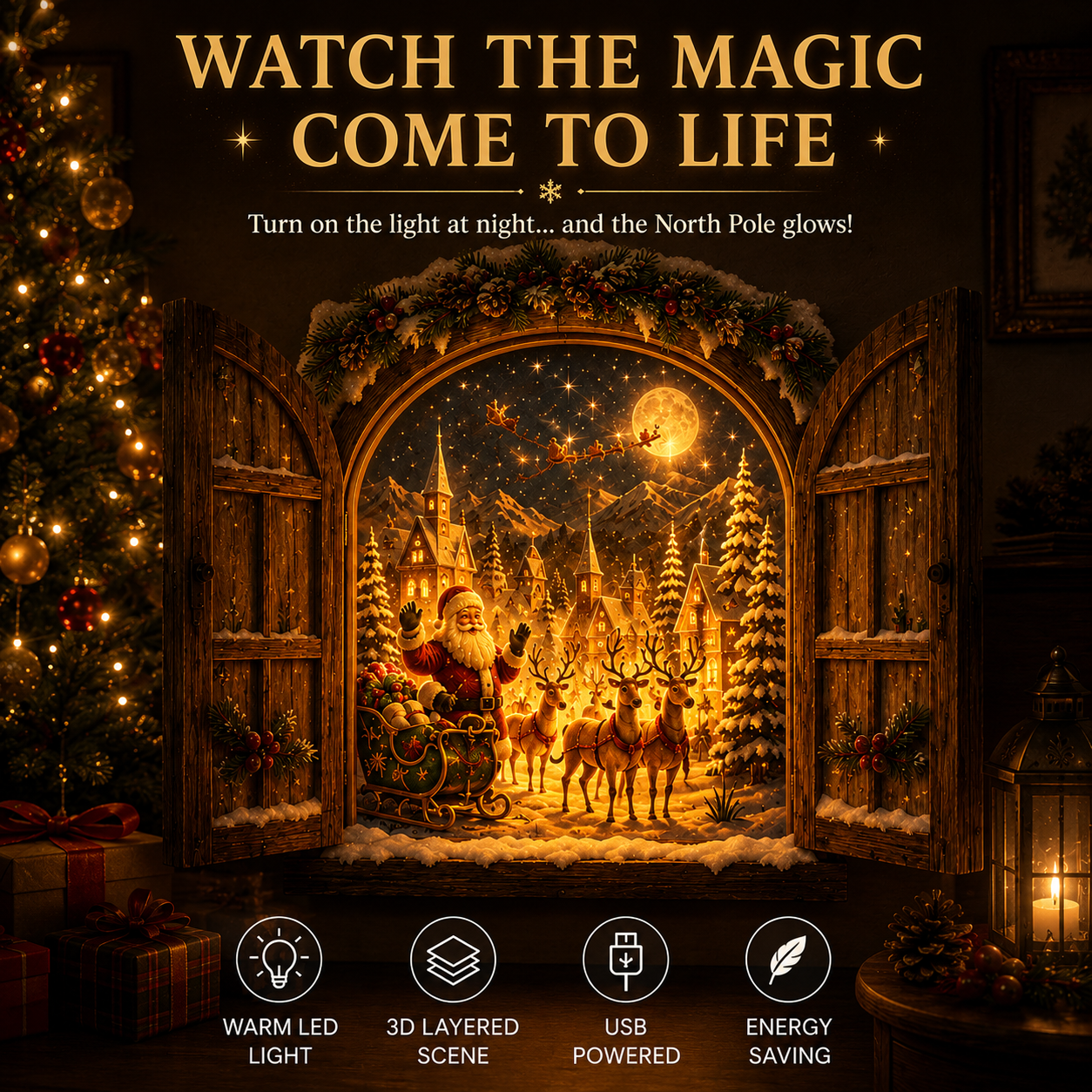 Santa’s Secret Window Light – 3D Lighted Christmas Wall Decor
