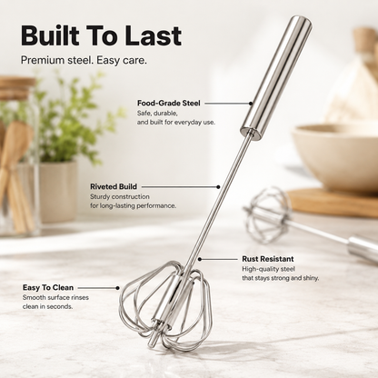 🍳 Hand Push Rotary Whisk - Stainless Steel Automatic Spinning Egg Beater Kitchen Tool